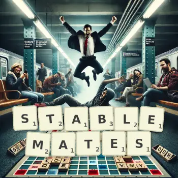 Creative illustration for a Scrabble game with the word STABLEMATES spelled out in tiles on the board.