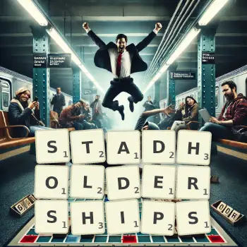 Creative illustration for a Scrabble game with the word STADHOLDERSHIPS spelled out in tiles on the board.