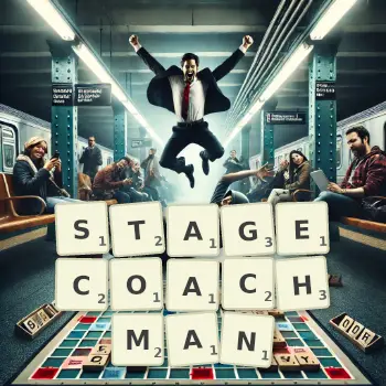 Creative illustration for a Scrabble game with the word STAGECOACHMAN spelled out in tiles on the board.