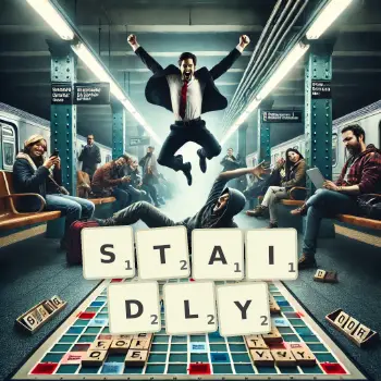 Creative illustration for a Scrabble game with the word STAIDLY spelled out in tiles on the board.