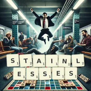 Creative illustration for a Scrabble game with the word STAINLESSES spelled out in tiles on the board.