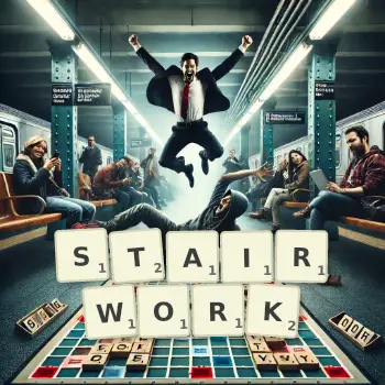 Creative illustration for a Scrabble game with the word STAIRWORK spelled out in tiles on the board.