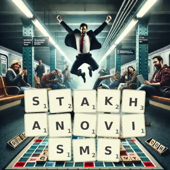 Creative illustration for a Scrabble game with the word STAKHANOVISMS spelled out in tiles on the board.