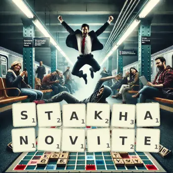 Creative illustration for a Scrabble game with the word STAKHANOVITE spelled out in tiles on the board.