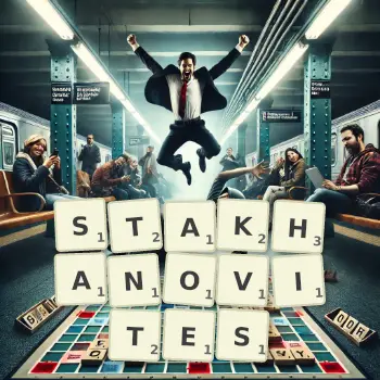 Creative illustration for a Scrabble game with the word STAKHANOVITES spelled out in tiles on the board.
