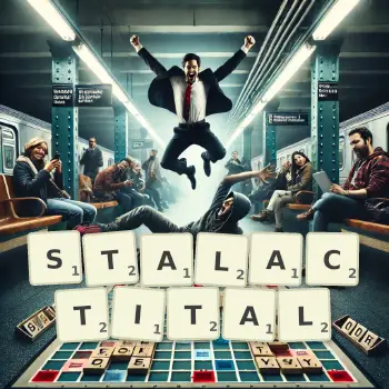 Creative illustration for a Scrabble game with the word STALACTITAL spelled out in tiles on the board.
