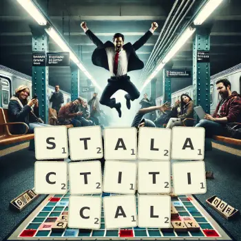 Creative illustration for a Scrabble game with the word STALACTITICAL spelled out in tiles on the board.