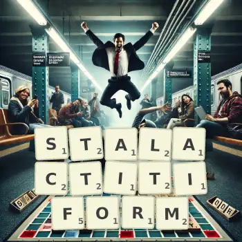 Creative illustration for a Scrabble game with the word STALACTITIFORM spelled out in tiles on the board.