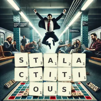 Creative illustration for a Scrabble game with the word STALACTITIOUS spelled out in tiles on the board.