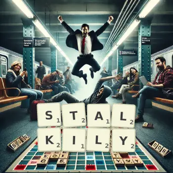 Creative illustration for a Scrabble game with the word STALKILY spelled out in tiles on the board.