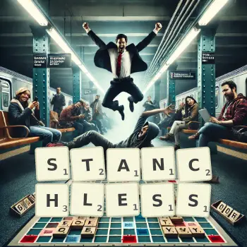 Creative illustration for a Scrabble game with the word STANCHLESS spelled out in tiles on the board.