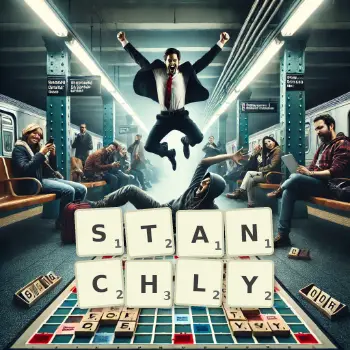 Creative illustration for a Scrabble game with the word STANCHLY spelled out in tiles on the board.