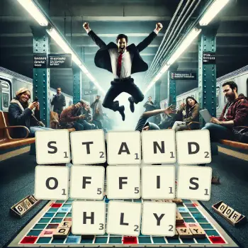 Creative illustration for a Scrabble game with the word STANDOFFISHLY spelled out in tiles on the board.
