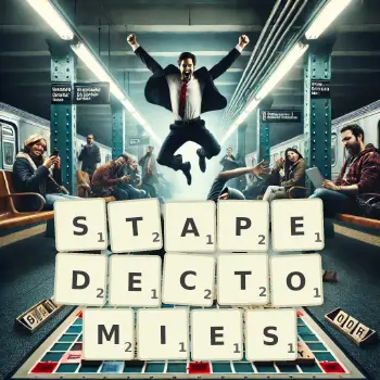 Creative illustration for a Scrabble game with the word STAPEDECTOMIES spelled out in tiles on the board.