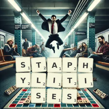 Creative illustration for a Scrabble game with the word STAPHYLITISES spelled out in tiles on the board.