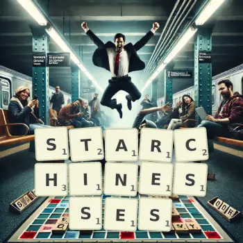 Creative illustration for a Scrabble game with the word STARCHINESSES spelled out in tiles on the board.