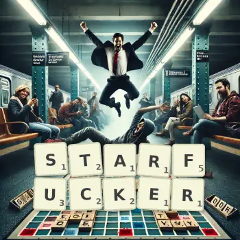 Creative illustration for a Scrabble game with the word STARFUCKER spelled out in tiles on the board.