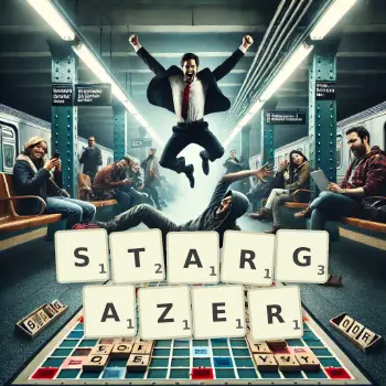 Creative illustration for a Scrabble game with the word STARGAZER spelled out in tiles on the board.