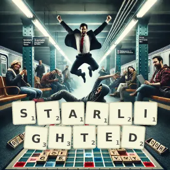 Creative illustration for a Scrabble game with the word STARLIGHTED spelled out in tiles on the board.