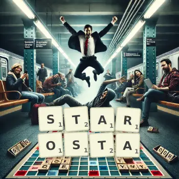 Creative illustration for a Scrabble game with the word STAROSTA spelled out in tiles on the board.