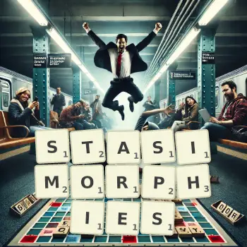 Creative illustration for a Scrabble game with the word STASIMORPHIES spelled out in tiles on the board.