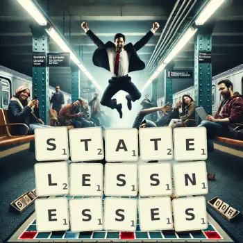 Creative illustration for a Scrabble game with the word STATELESSNESSES spelled out in tiles on the board.