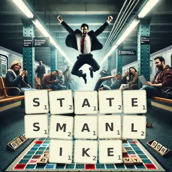 Creative illustration for a Scrabble game with the word STATESMANLIKE spelled out in tiles on the board.