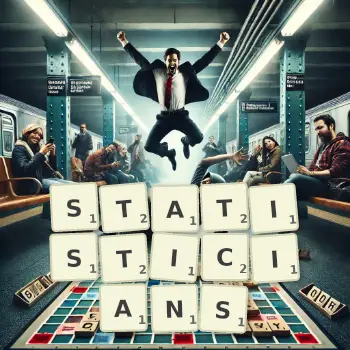 Creative illustration for a Scrabble game with the word STATISTICIANS spelled out in tiles on the board.