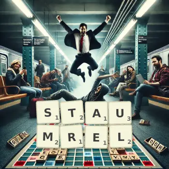 Creative illustration for a Scrabble game with the word STAUMREL spelled out in tiles on the board.