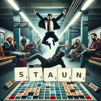 Creative illustration for a Scrabble game with the word STAUN spelled out in tiles on the board.