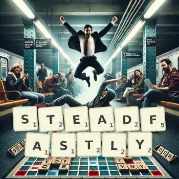 Creative illustration for a Scrabble game with the word STEADFASTLY spelled out in tiles on the board.