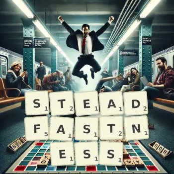 Creative illustration for a Scrabble game with the word STEADFASTNESS spelled out in tiles on the board.