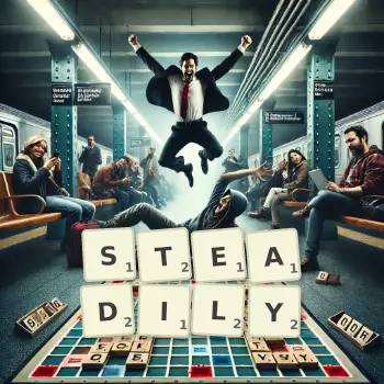 Creative illustration for a Scrabble game with the word STEADILY spelled out in tiles on the board.