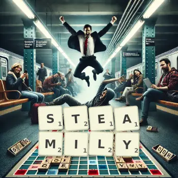 Creative illustration for a Scrabble game with the word STEAMILY spelled out in tiles on the board.