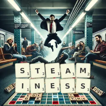 Creative illustration for a Scrabble game with the word STEAMINESS spelled out in tiles on the board.