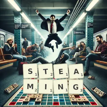 Creative illustration for a Scrabble game with the word STEAMING spelled out in tiles on the board.