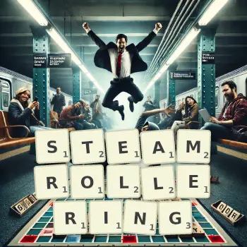 Creative illustration for a Scrabble game with the word STEAMROLLERING spelled out in tiles on the board.