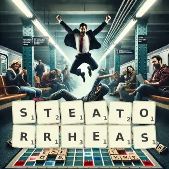 Creative illustration for a Scrabble game with the word STEATORRHEAS spelled out in tiles on the board.
