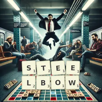 Creative illustration for a Scrabble game with the word STEELBOW spelled out in tiles on the board.