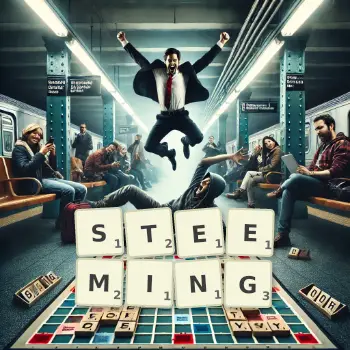 Creative illustration for a Scrabble game with the word STEEMING spelled out in tiles on the board.