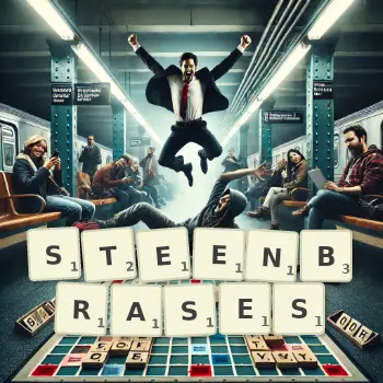 Creative illustration for a Scrabble game with the word STEENBRASES spelled out in tiles on the board.