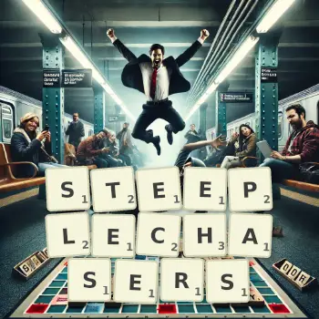 Creative illustration for a Scrabble game with the word STEEPLECHASERS spelled out in tiles on the board.
