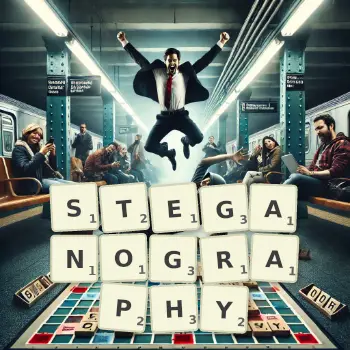 Creative illustration for a Scrabble game with the word STEGANOGRAPHY spelled out in tiles on the board.