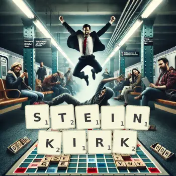 Creative illustration for a Scrabble game with the word STEINKIRK spelled out in tiles on the board.