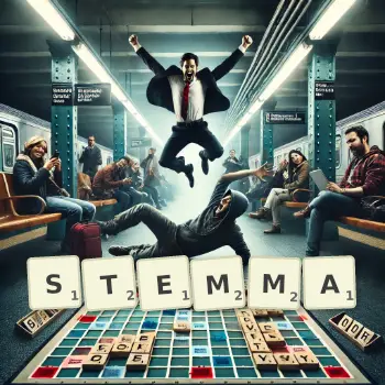 Creative illustration for a Scrabble game with the word STEMMA spelled out in tiles on the board.