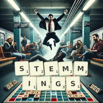 Creative illustration for a Scrabble game with the word STEMMINGS spelled out in tiles on the board.