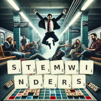 Creative illustration for a Scrabble game with the word STEMWINDERS spelled out in tiles on the board.