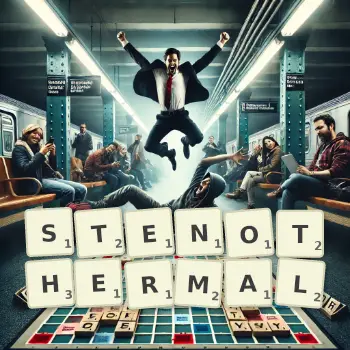 Creative illustration for a Scrabble game with the word STENOTHERMAL spelled out in tiles on the board.