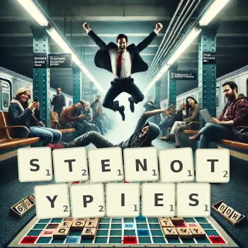 Creative illustration for a Scrabble game with the word STENOTYPIES spelled out in tiles on the board.