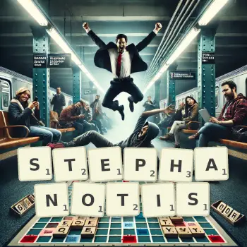 Creative illustration for a Scrabble game with the word STEPHANOTIS spelled out in tiles on the board.